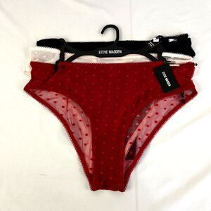 New Women’s Steve Madden Sheer Back Black Red Pink Panties 3 Pack Sz L NWT Mesh
